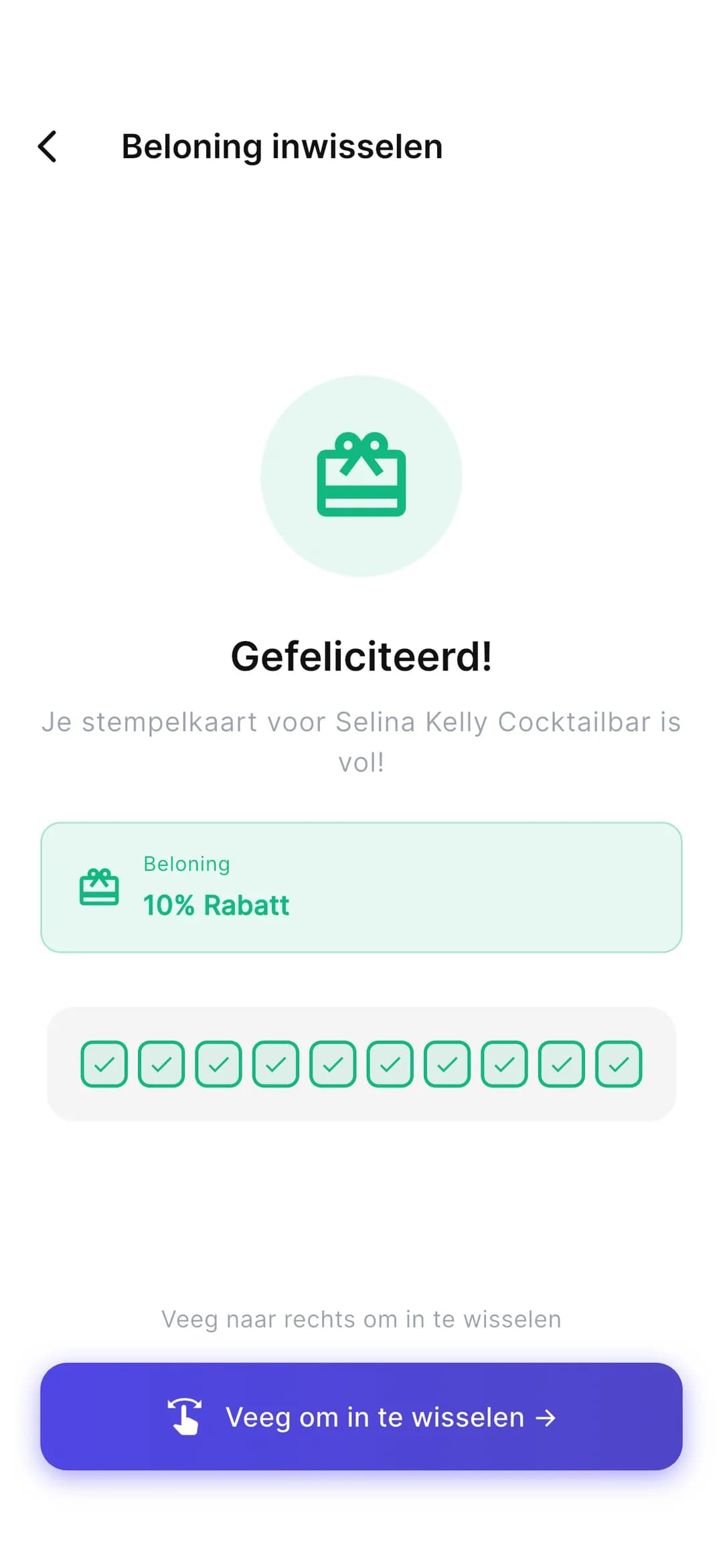 Stempely-app: volle spaarkaart met knop “Inwisselen”