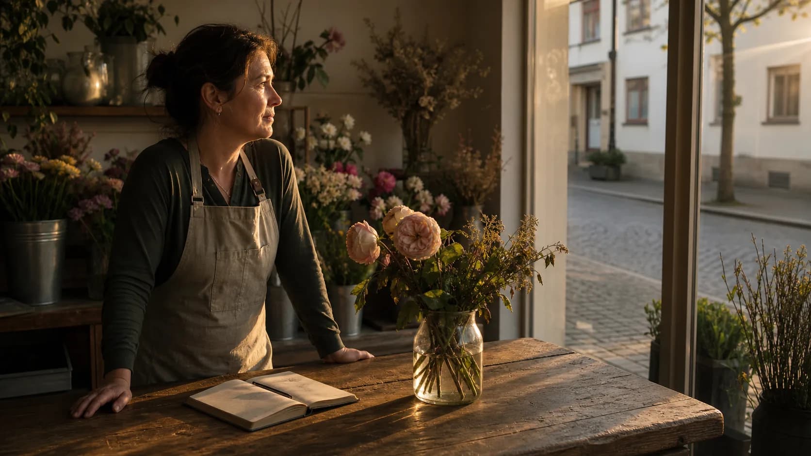 Lege bloemenwinkel in de late namiddag — symbool voor ontbrekende vaste klanten