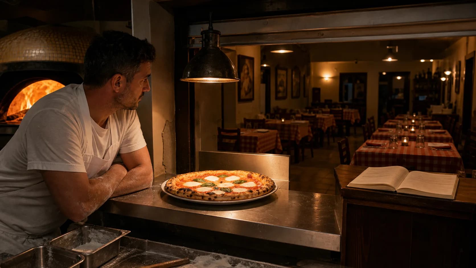 Lege pizzeriazaak op een vrijdagavond — symbool voor verloren vaste klanten