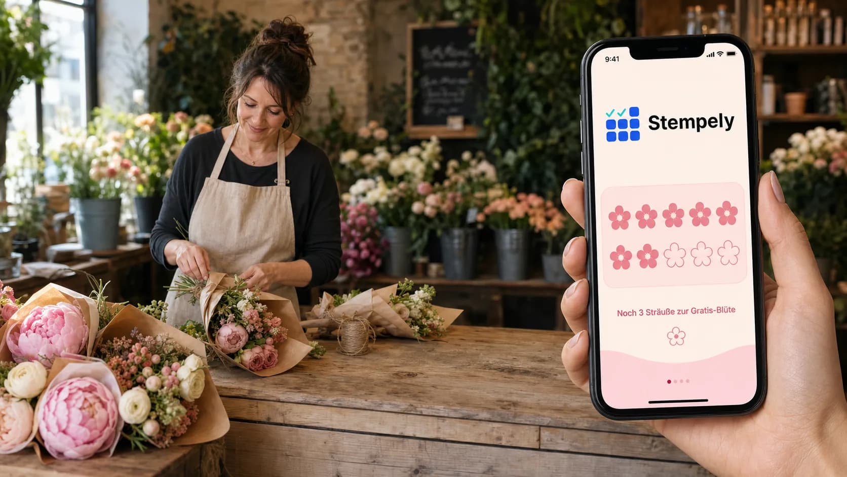 Bloemiste met de Stempely-app aan de bindtafel, digitale stempelkaart voor bloemenwinkel en bloemisterij