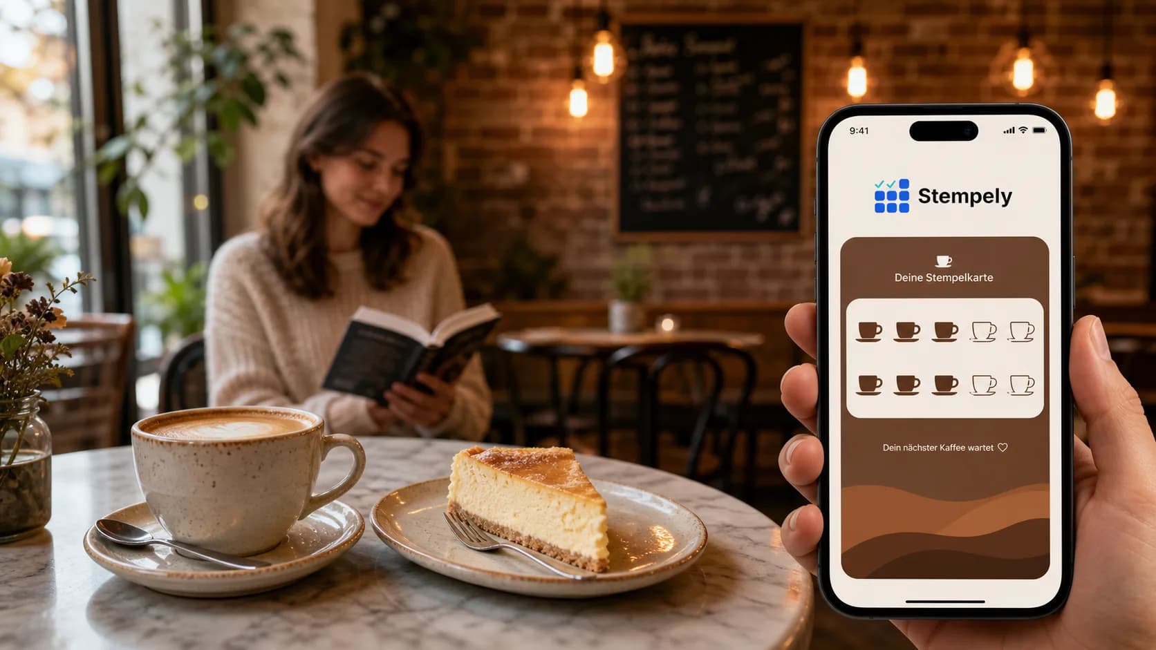 Barista met de Stempely-app bij de espressomachine, digitale stempelkaart voor café en coffeeshop