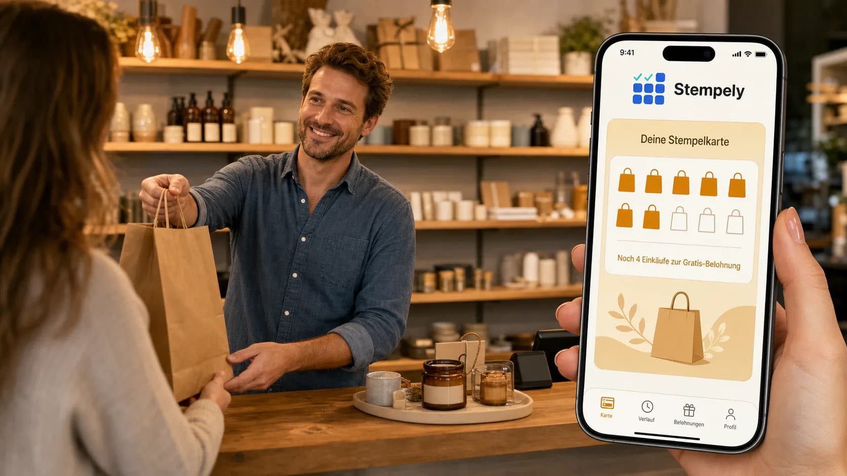 Verkoopster met de Stempely-app aan de kassa, digitale stempelkaart voor detailhandel en boetiek