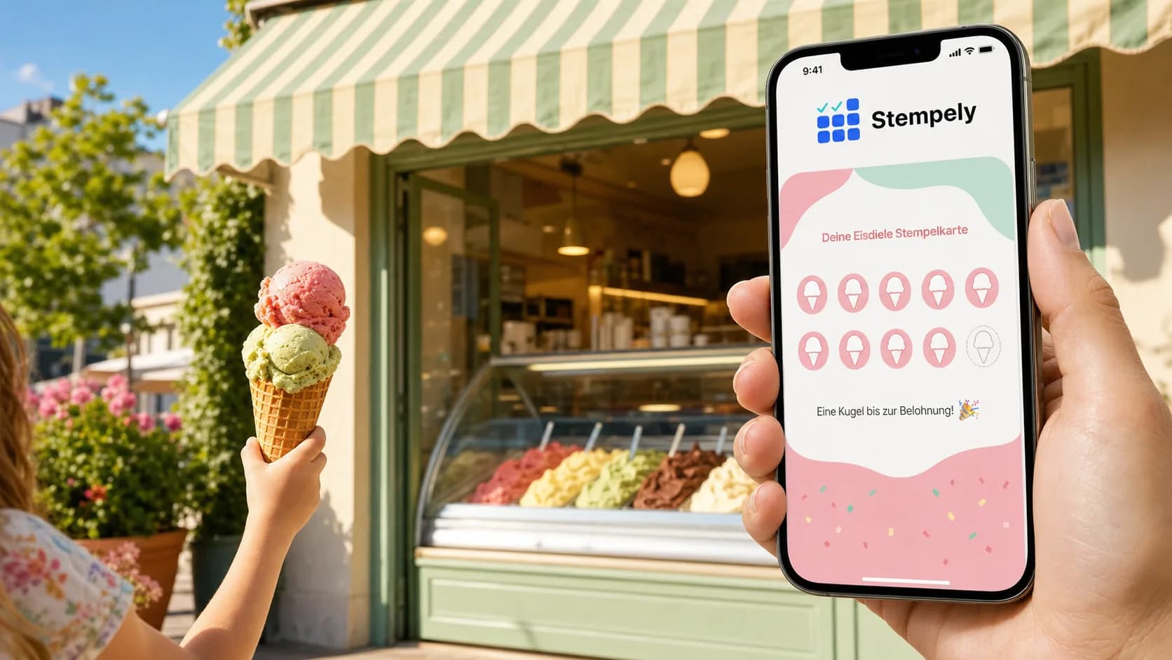 IJsverkoper met de Stempely-app bij de ijsvitrine, digitale stempelkaart voor ijssalon en gelateria