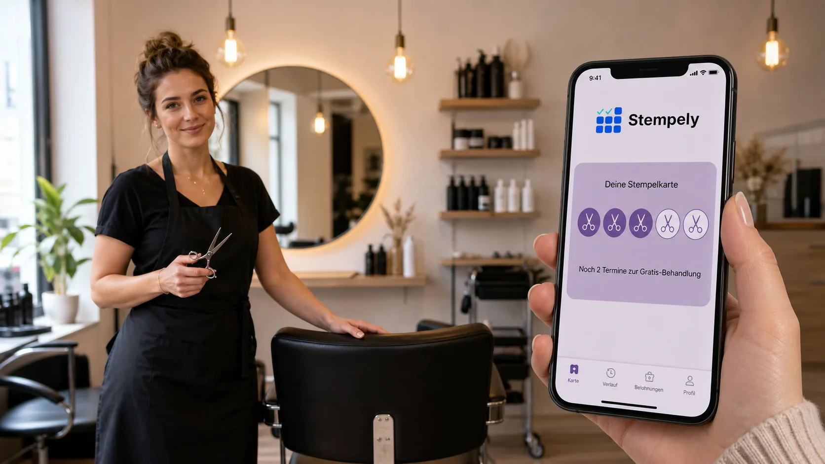 Kapper met de Stempely-app aan de salonbalie, digitale stempelkaart voor kapsalon en barbershop