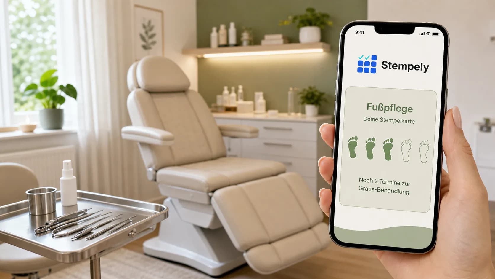 Voetverzorgster met de Stempely-app in de behandelruimte, digitale stempelkaart voor voetverzorging en podologie