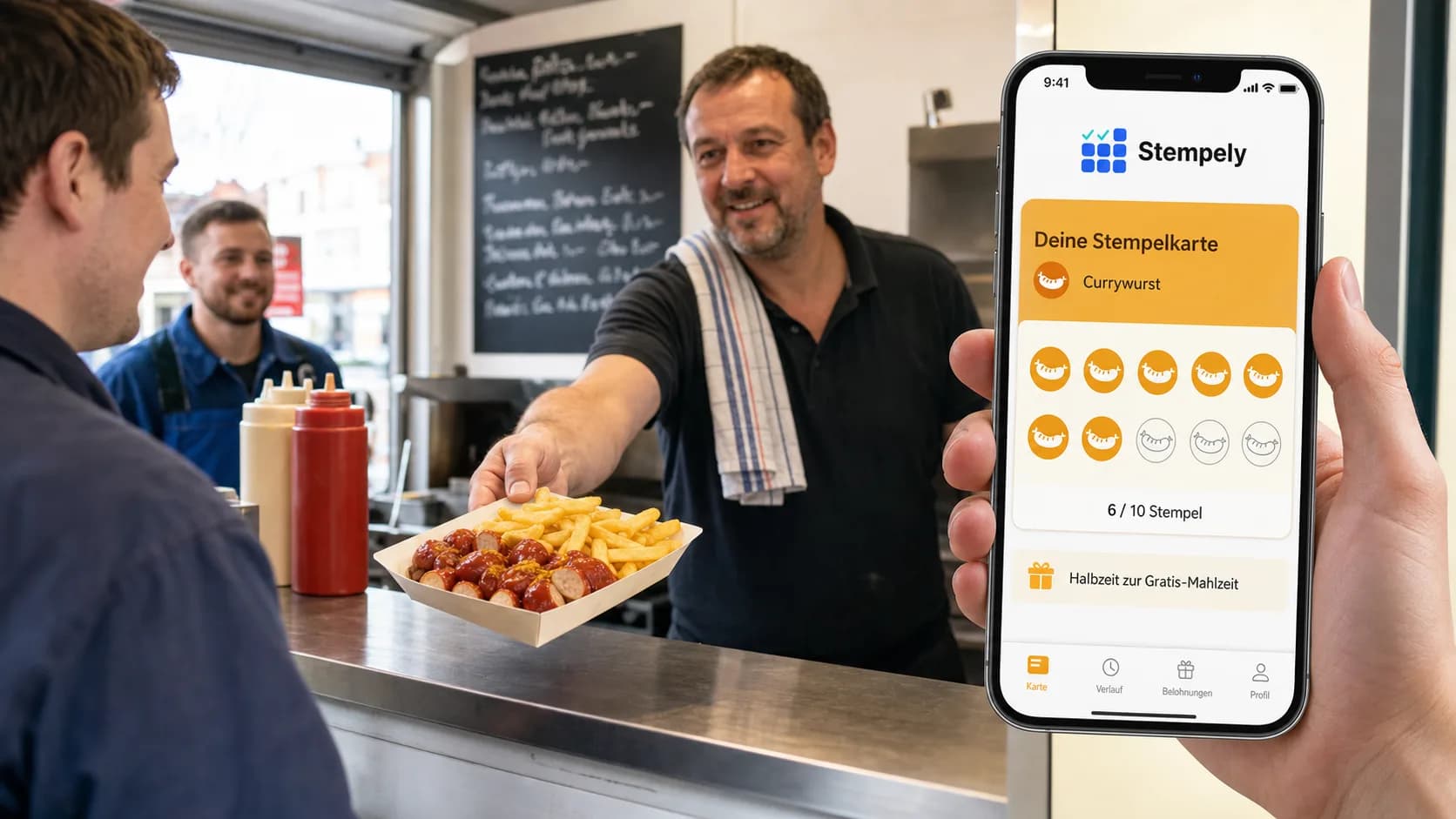 Snackbarhouder met de Stempely-app aan de toonbank, digitale stempelkaart voor snackbar en cafetaria