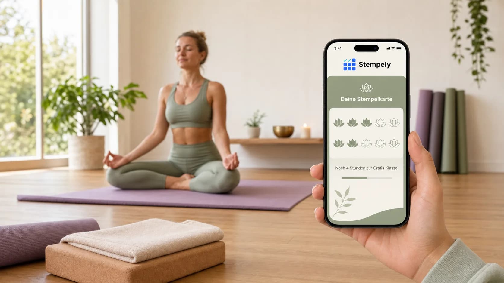 Yogadocente met de Stempely-app in de studioruimte, digitale stempelkaart voor yogastudio en pilatesstudio