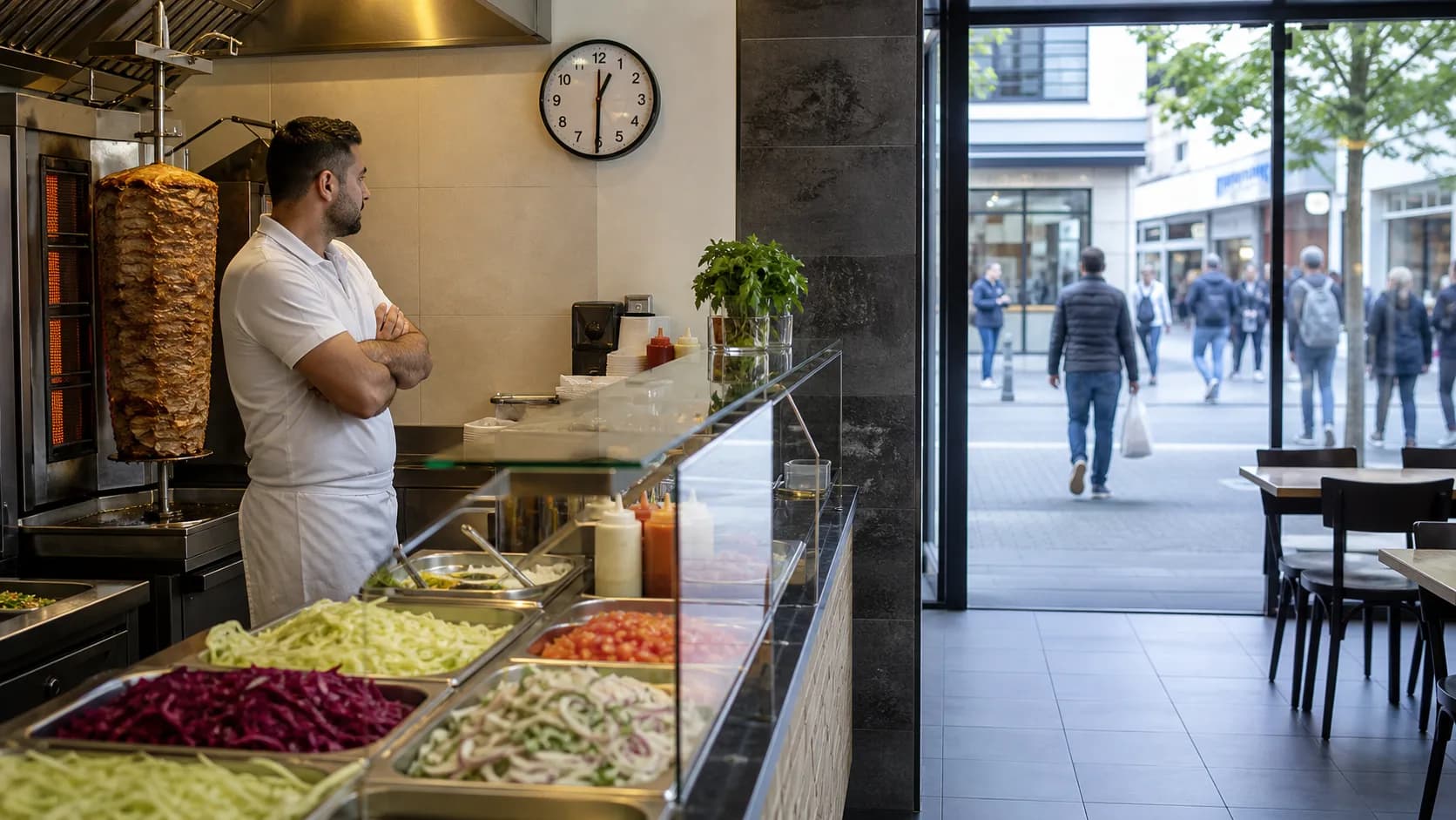 Lege döner-zaak tijdens de lunchpauze — symbool van ontbrekende passerende klanten