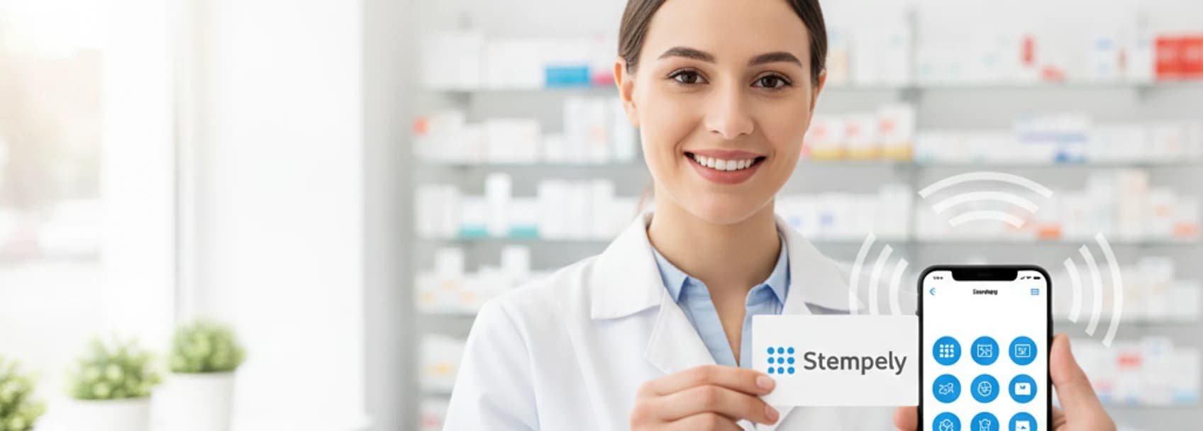 Apotheker met de Stempely-app aan de balie, digitale klantenkaart voor apotheek