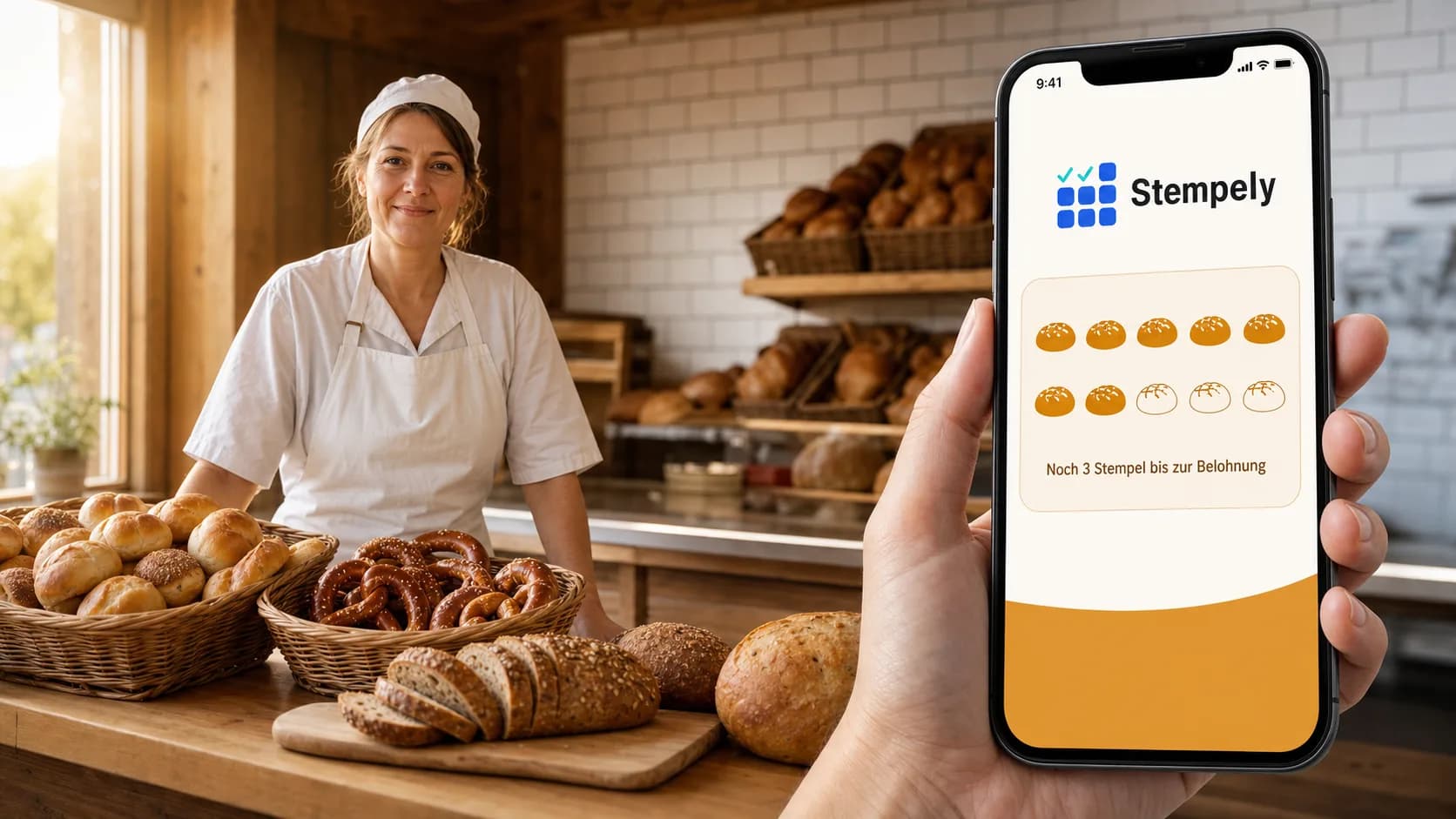 Bakker met de Stempely-app aan de broodtoonbank, digitale stempelkaart voor bakkerij en broodjeszaak