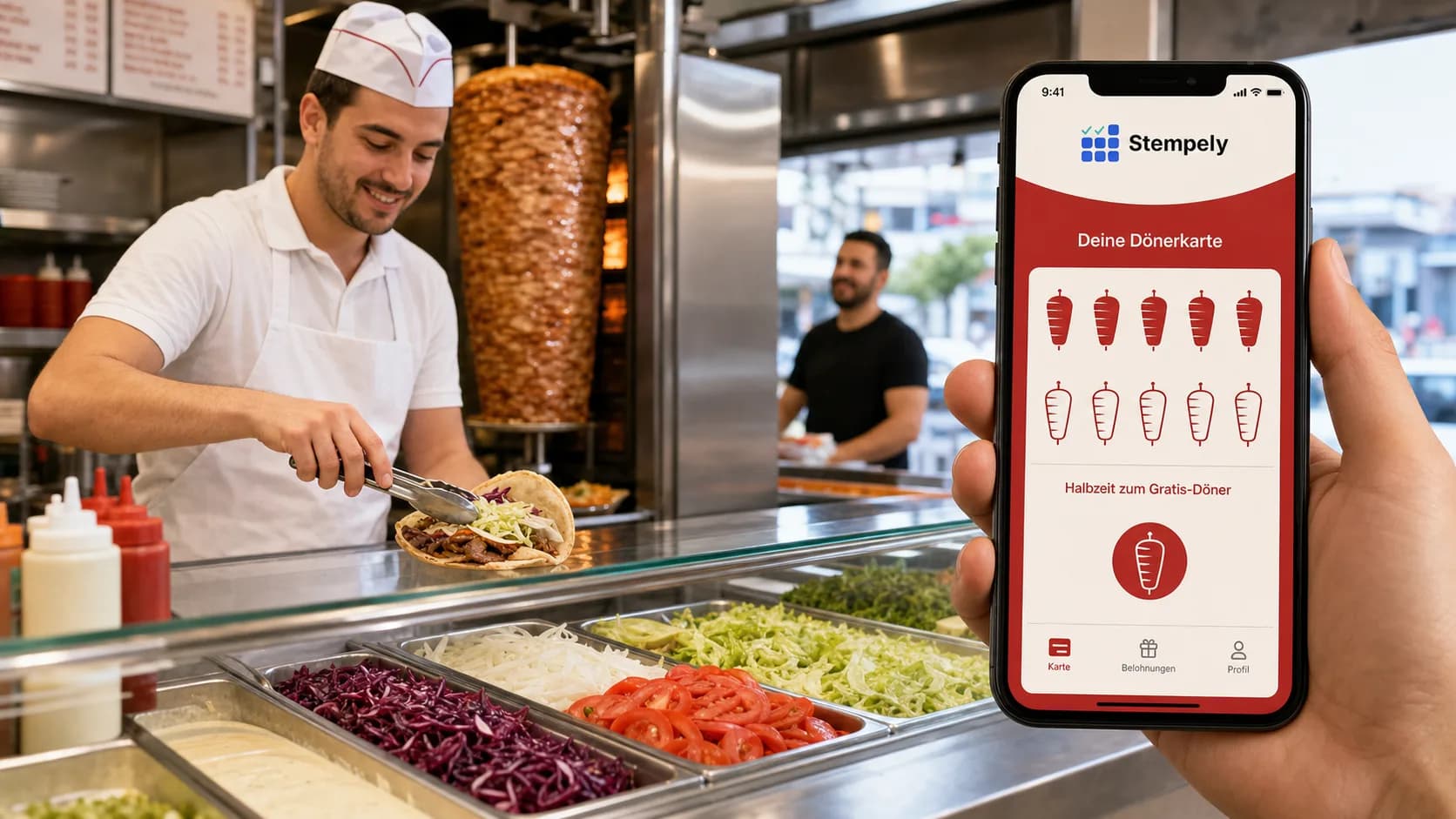 Dönermeester met Stempely-app aan de toonbank, digitale stempelkaart voor dönerzaken