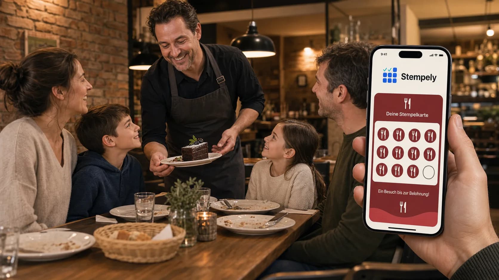 Serveerster met de Stempely-app aan een restauranttafel, digitale stempelkaart voor horeca en restaurants